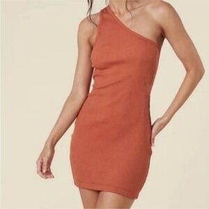 House of Harlow 1960 Ribbed One Shoulder Mini Dress Rust Orange Size Small